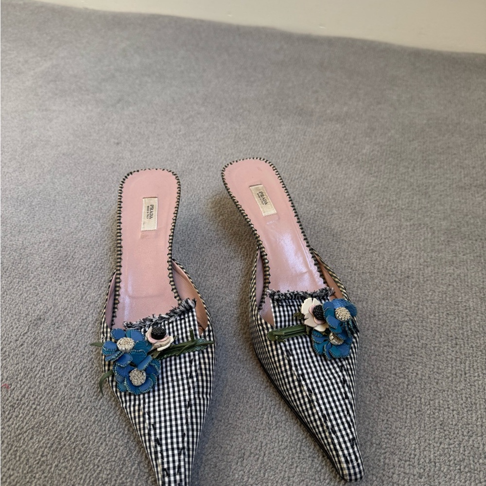 Prada Blue Gingham Pointed Toe Mule with Floral Applique - Picture 7 of 7
